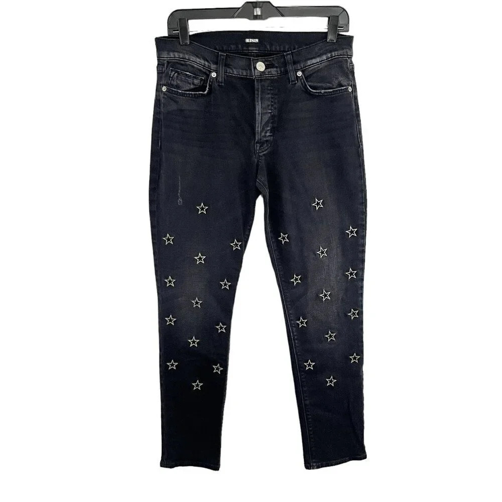 Hudson Faded Black Riley Crop Relaxed Straight Star Grommet Jeans Women's 27